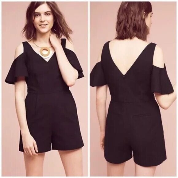 Elevenses Anthropologie Romper Womens 00 Black Cold Shoulder Flutter Sleeve Mini - Picture 2 of 14